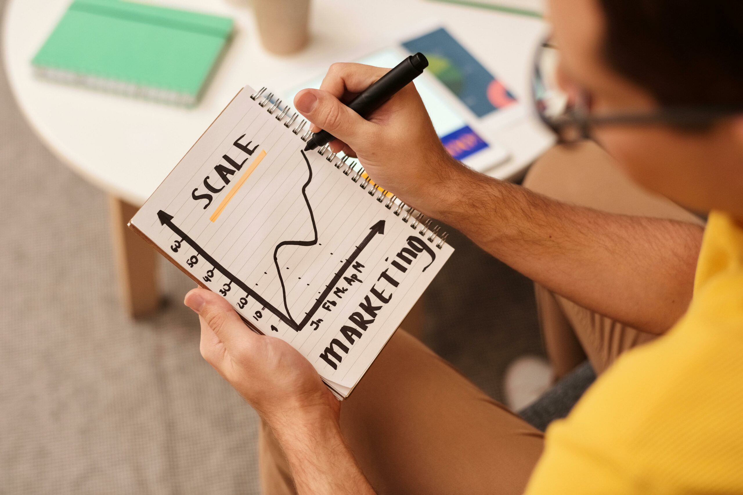 Osoba pisząca na kartce z napisem „Marketing Plan”, symbolizująca strategię marketingową i planowanie kampanii.